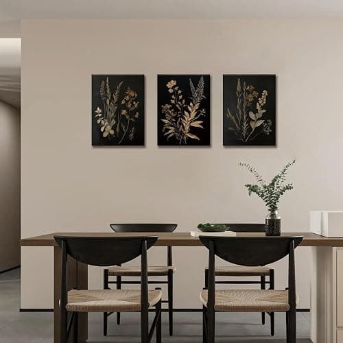 TUEASKY 3 Piece Moody Botanical Canvas Wall Art Vintage Floral Wall Art Boho Dark Flower Decor Black Wildflower Art Prints for Living Room Bedroom 12x16in Framed thumbnail 7