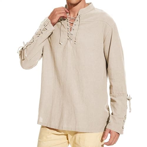 Men's Pirate Shirt Medieval Renaissance Steampunk Retro Long Sleeve Lace up T Shirt Viking Gothic Halloween Costume Top thumbnail 5