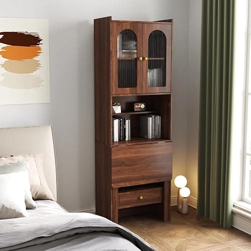 LUMISOL Fold-Out Home Office Desks Writing Table with Glass Doors, Drawers, Bookshelf & Storage Shelves, Modern Wooden Convertible Workstation for Work, Study, Walnut thumbnail 4