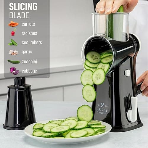 Zulay Kitchen Rotary Cheese Grater 5 Blade Cheese Shredder - Manual Hand Crank Cheese Grater With Reinforced Suction & 5 Interchangeable Drums - Easy to Use, Vegetable Chopper Round Mandoline Slicer thumbnail 5
