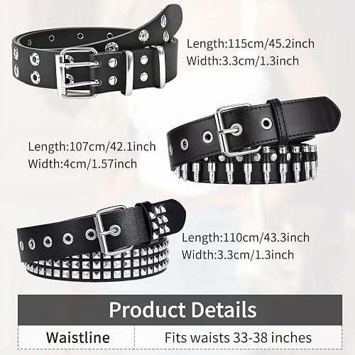 WQYILEAER 3 Pcs Studded Belt, Y2K Belt EMO Goth Belts Punk Rock with Bullet belts for Women Men thumbnail 2