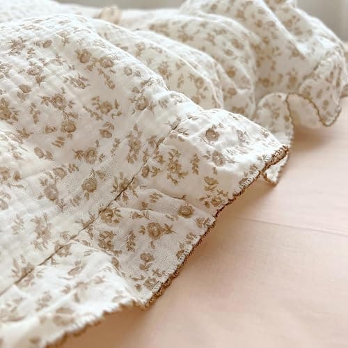BuLuTu Muslin Kids Duvet Cover for Full Size Bed, Vintage Farmhouse Duvet Covers with Ruffles, Soft Cotton Comforter Cover, Camellia, Zipper Closure & Corner Ties, No Comforter thumbnail 7