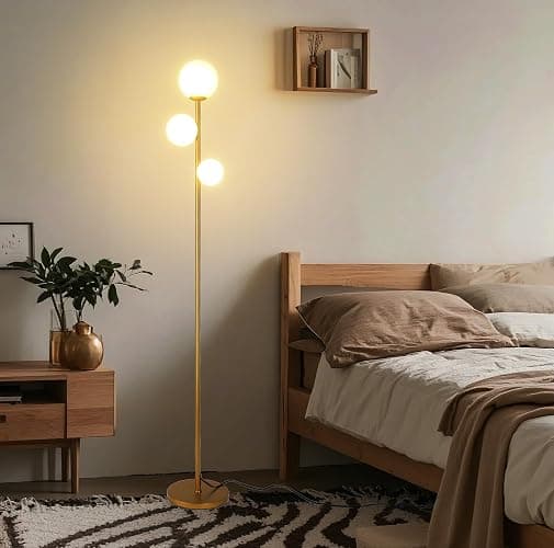 Fiqevs 3 Globe Mid Century Modern Floor Lamp for Living Room, Gold Standing Lamp with Frosted Glass Shade and 3x2700K Warm LED Bulbs, Vintage Retro Tall Lamps for Bedrooms, Office - Antique Brass thumbnail 7
