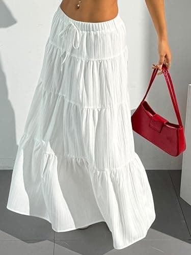 DERAX Women's Boho Flowy White Maxi Skirt Flared Ruffle Elastic Waist Summer A Line Long Skirts thumbnail 3