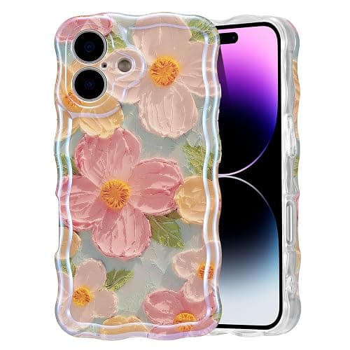 EYZUTAK Case for iPhone 16, Colorful Retro Oil Painting Printed Flower Laser Glossy Pattern Cute Curly Wave Edge Exquisite Phone Cover Stylish Durable TPU Protective Case for Girl Women-Green - iPhone 16 - Green - Image 1