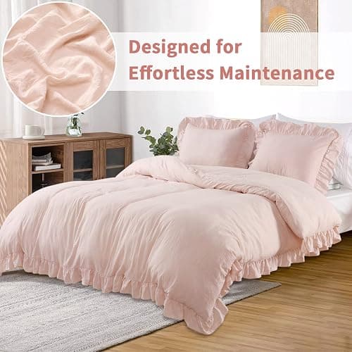 Joankaren Queen Size Ruffled Microfiber Duvet Cover Set – Soft, Breathable, Washed Microfiber with Button Closure, 3-Piece Bedding Set (1 Duvet Cover 90"x90", 2 Pillowcases), Pink thumbnail 6