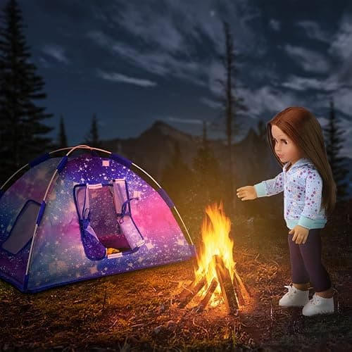 Ecore Fun 5 Items 18 inch Dolls Camping Tent Set and Accessories Including Girl Doll Tent, Sleeping Bag, Backpack, Toy Camera and Dog thumbnail 5