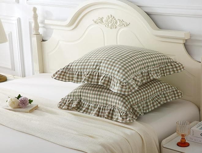 2 Pack Sage Green Plaid Ruffle Throw Pillow Covers 18x18 inches, 100% Washed Cotton Gingham Checkered Farmhouse Pillow Shams for Bed/Sofa (18x18 inches, Sage Green Gingham) thumbnail 3