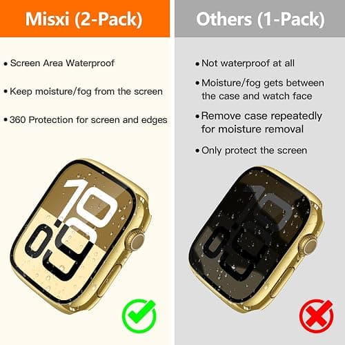 Misxi [2 Pack] Waterproof Hard Case with Tempered Glass Compatible with Apple Watch Series 11 (2025) Series 10 42mm, Overall Protective Cover for iWatch Screen Protector, 1 Gold + 1 Transparent thumbnail 3