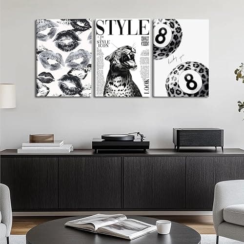 3Pcs Trendy Black and White Leopard Canvas Wall Art Fashion Lucky 8 Ball Lips Pictures Wall Decor Vintage Newspaper Cheetah Posters Prints for Bedroom Apartment Dorm 12x16in thumbnail 2