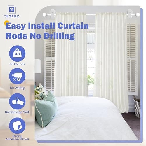 TKZTKZ Curtain Rods No Drilling for Windows 32 to 45 Inch:No Drill Small White Curtain Rod with Adhesive Brackets for Bedroom,5/8" Apartment Renter Friendly Adjustable Drapery Rods Easy Install thumbnail 4