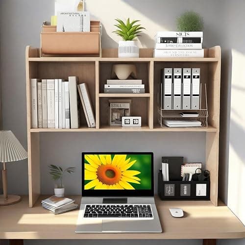 COBANA Desktop Bookshelf, Countertop Storage Hutch with 5 Shelves for Computer Desk, Desk Shelf for Top of Desk Organizer for Office Home Dorm, Wood - Wood thumbnail 7