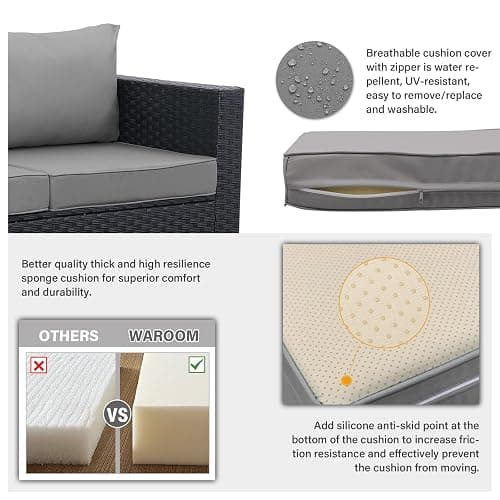 Outdoor PE Wicker Patio Furniture Set 4 Piece Black Rattan Sectional Loveseat Couch Set Conversation Sofa with Storage Box Glass Top Table and Non-Slip Grey Cushion thumbnail 5