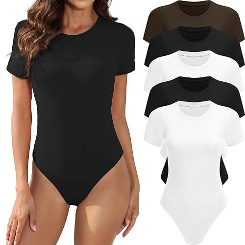MLYENX 5 Pack Body Suits for Womens Short Sleeve Round Neck Casual Stretchy Basic T Shirt Bodysuit Tops - Image 1