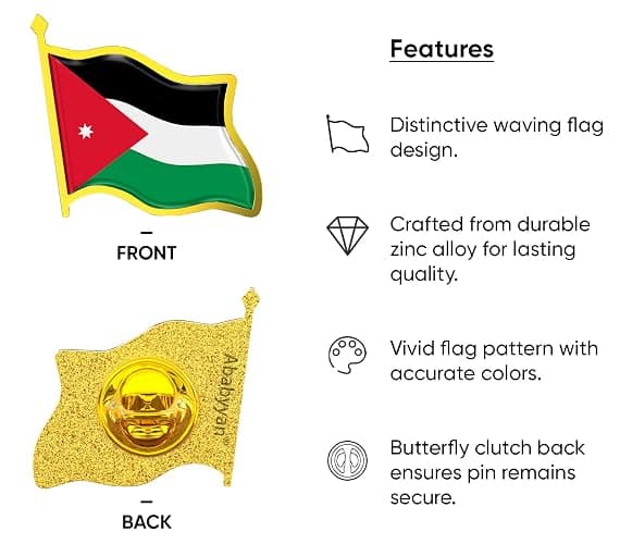 Jordanian Flag Lapel Pin - Enamel Metal National Badge | World Travel Souvenir Gifts for Men & Women | Country Flag Patriotic Brooch Bulk Pack of Pins for Hat, Tie, Clothes, Backpack (1pc) thumbnail 3