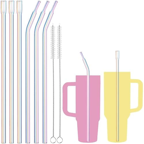NiHome 6PCS 12" Iridescent Glass Anti-Wrinkle Flat Tip Straws for Stanley 30 & 40 oz Tumblers, Lip-Friendly Straight & Curved Borosilicate Glass Reusable Straws for Cold & Hot Drinks, Dishwasher Safe - Image 1
