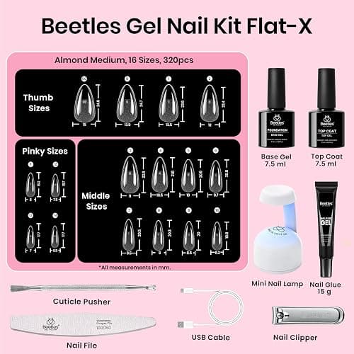 Beetles Gel Nail Kit Flat-X, Almond Medium, 320pcs 16 Sizes Nail tips, with 15g Nail Glue Gel Hands-Free, 7.5ml Base Gel & Top Coat, Mini Lamp, for Acrylic Press On Nail, Extension DIY Set at Home thumbnail 5