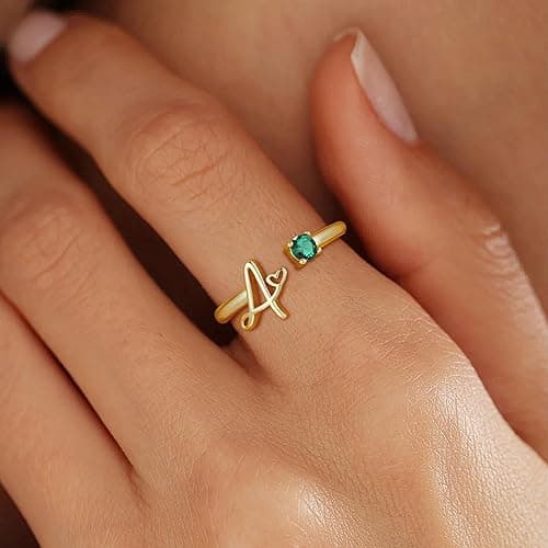 JIAOGE Gold Rings for Women Girls - Non Tarnish Real Gold Plated Initial Ring Adjustable Initial Birthstone Rings for Women Stackable Thumb Pinky Emerald Ring Birthday Bridesmaid Gifts for Women Girls thumbnail 4