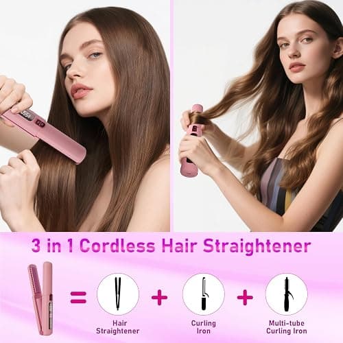 Cordless Hair Straightener, 2 in 1 Ceramic Flat Iron and Curler with Hairpin, 6 Levels of Temperature Adjustment, 4500mAh Battery, Type-C Charging, Portable Hair Straightener for Travel (Pink) thumbnail 3