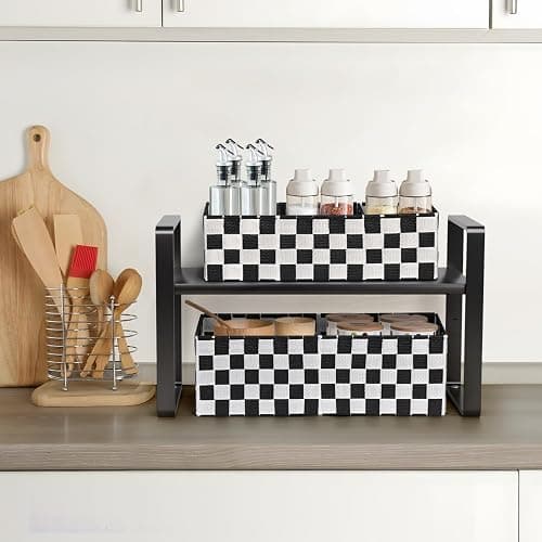 BinWhiz 2-Pack Checker Pattern Woven Bins, 16” Ribbon Metal Wire Desk Organizer, Drawer Dresser Baskets, Countertop Toilet Paper Storage Containers (Black & White) thumbnail 5