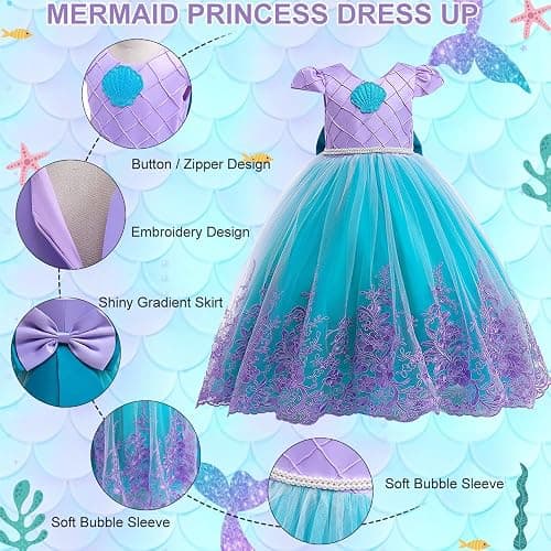 Robe Princesse Fille, Costume Déguisement Sirene Enfant avec Ensemble | Collier de Couronne, Robe Sirene Fille Bébé pour Costume Halloween Anniversaire Fêté Carnaval Cosplay thumbnail 3