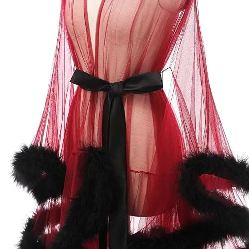 Yexinbridal Tulle Feather Robe Sexy Sheer Mesh Fur Bridal Illusion Boudoir Bathrobe Nightgown Christmas Lingerie thumbnail 5