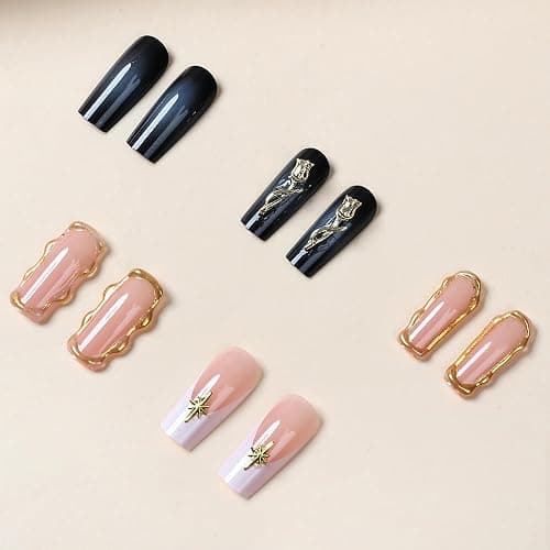 BABALAL Press on Nails Long Square Fake Nails Black Glue on White French Tip 3d Gold Chrome Texture Design Rose Charm Vintage Acrylic False Nails Y2k Fall Manicure Handmade Stick on Squoval Nails thumbnail 3