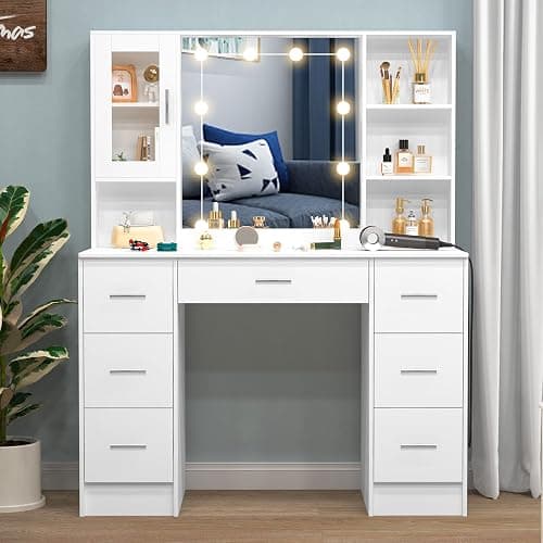 Makeup Vanity with Lights and Mirror, Large Vanity Desk with Drawers Makeup Table with Lighted Mirror, 3 Lighting Colors, Modern Vanity Dressing Table for Bedroom (Sliver Handle -K3U44) thumbnail 8