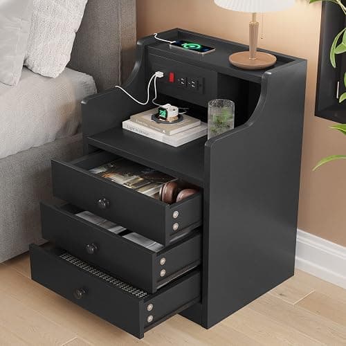 ADORNEVE Black Nightstand with Charging Station & Drawers | Night Stand for Bedroom,End Table with Hutch & 3 Storage Drawers thumbnail 4