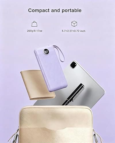 VRURC Portable Charger Power Bank, USB C Battery Pack 10000mAh, Flight-Safe Travel Essentials, 5 Outputs 2 Inputs Slim Phone Charging Bank Built-in Cables for Multi Devices-Lavender(1 Pack) thumbnail 5