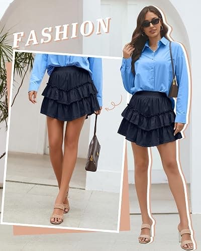 Ficerd Women's Ruffle Flowy Short Skirt Tiered Lace Cotton Mini Skorts High Waist Pleated Boho Cute Summer Shorts - Navy Blue - Small thumbnail 6