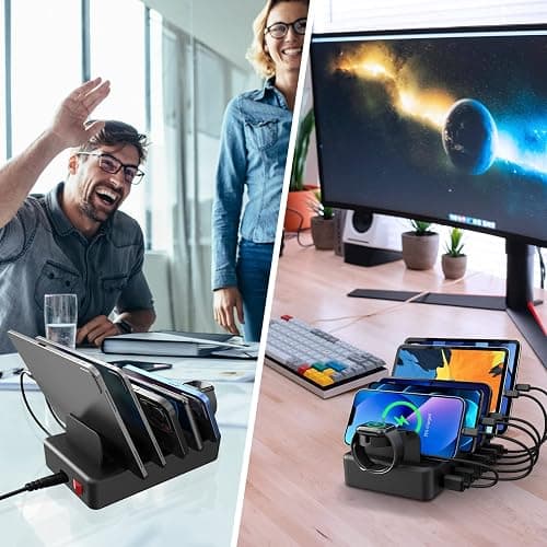 Charging Station for Multiple Devices, CREATIVE DESIGN 50W 6 Ports USB Charger Station with Apple Watch Holder & 6 Cables, Charging Dock for iPad Cellphone Kindle Tablet and Other Electronic (Black) thumbnail 7