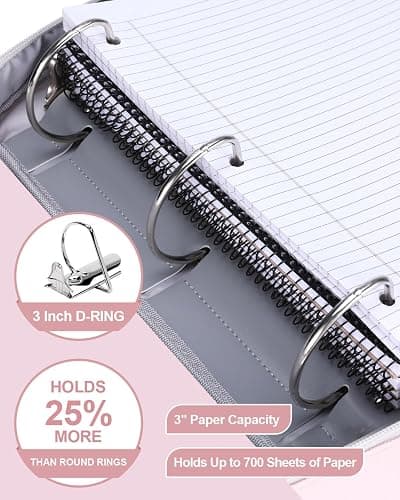 HINOOR 3-Inch 3-Ring Zipper Binder with Shoulder Strap and Multiple Pockets | D-Ring Zip Up Binder with 700 Sheets Capacity, Compatible with 13" MacBook/Tablet, for Middle School, Office, Pink thumbnail 3