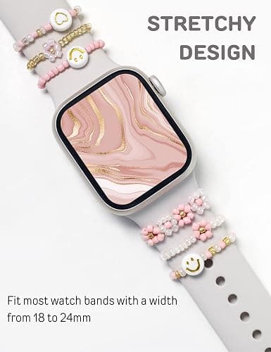 Heesch Stretchy Beaded Watch Band Charms Compitable with Apple Watch 38/40/41/42/44/45/49mm, Cute Beads Decorative Rings Loops Watch Assceeories for iWatch Series 8/7/6/5/4/3/2/1 (Band Not Included) - Pink thumbnail 2