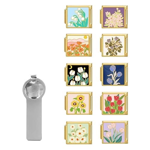 papasgix Italian Charm Bracelet Charms Gold Silver Pack Links Bulk with Opening Tool 9mm Italian Charms Flowers Italian Modular Bracelet Links Handmade DIY Jewelry - Image 1