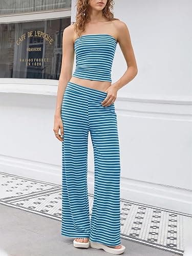 Tankaneo Womens Striped 2 Piece Sets Summer Strapless Crop Tube Tops Wide Leg Pants Matching Lounge Set Vacation Outfits thumbnail 3