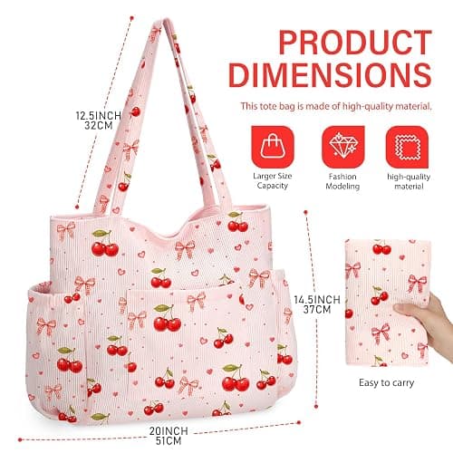 Corduroy Tote Bag for Women,Large Capacity Cute Tote Bags With 6 Pockets,Crossbody Shoulder Handbag for Work Travel Gym thumbnail 8