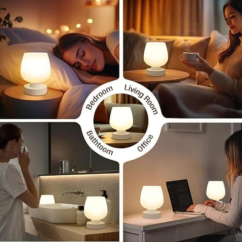Touch Bedside Table Lamp Set of 2 - Small Bedside Lamp for Bedroom Living Room Night Stands, Desk Lamp with White Glass Shade for Small Spaces, 3 Way Dimmable, LED Bulbs, Gifts thumbnail 6