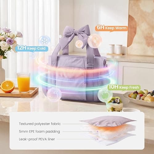 LOVEVOOK Insulated Lunch Box for Women,Adult Lunch Cooler Tote Bag with Bow | Wide Opening Lunch Box,Bow Charm,Large Cup Holder,Leakproof,Teacher,Work,Picnic,Beach,Family,Meal Prep,Gift thumbnail 4