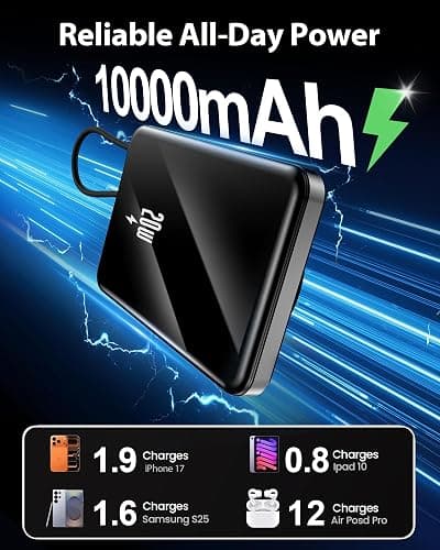 golioklsy Portable Charger Power Bank, 10000mAh Phone Charger with Built-in Cable, 20W PD Fast Charging, Slim Battery Pack with LED Display, Travel Essential for iPhone 17/16/15/14 All Series, Black thumbnail 3