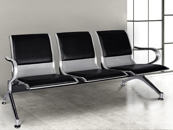 Waiting Room Chairs Guest Reception - 3-Seat Waiting Room Bench with Arms Airport Reception Bench Guest Reception Chairs PU Leather Office Chair for Airport Market Bank Hospital School, Black - Black Leather - 3-seater thumbnail 2