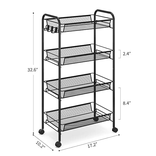 TOOLF 4-Tier Rolling Cart, Metal Utility Cart with 3 Hooks, Easy Assemble Mobile Storage Trolley On Wheels, Metal Shelving Units Kitchen Bathroom Laundry Room thumbnail 9