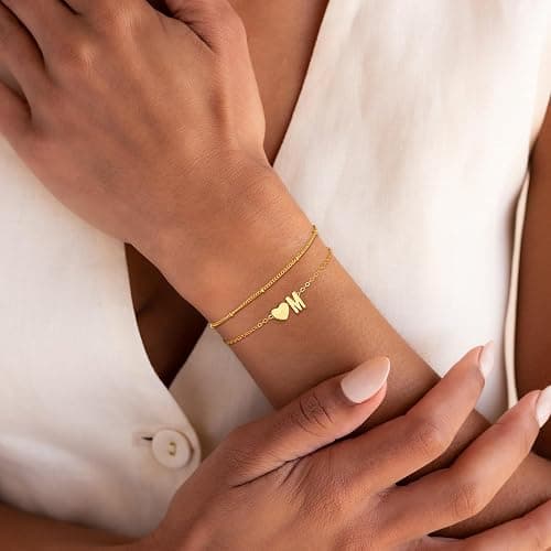 Fezodo Gold Initial Bracelets for Women Girls - 14K Gold Plated Heart Initial Bracelet Teen Girl Gifts Trendy Stuff Dainty Gold Bracelets for Women Girls Trendy Jewelry Gifts thumbnail 4