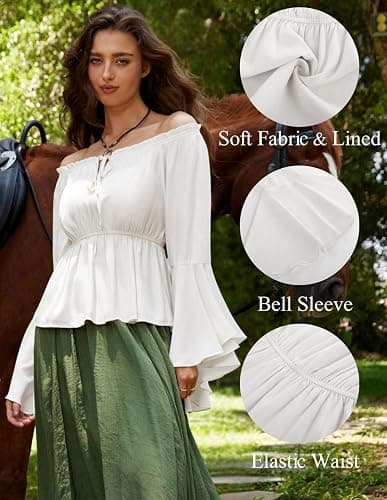 Scarlet Darkness Renaissance Shirt Women Peasant Blouse Off Shoulder Tops Pirate Costume - White - Medium thumbnail 2