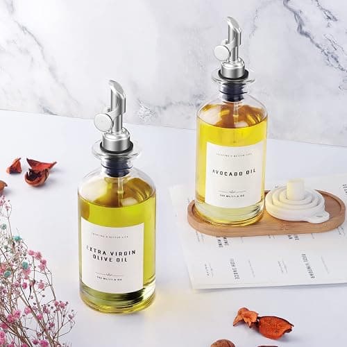GIXSEGIE Olive Oil Dispenser Bottle Set with Bamboo Tray, Silver Classic Oil Dispenser, 2 x 350ML Glass Bottles, Weighted Metal Pourers, Kitchen Storage & Dispensing - 350ml, Set of 2 + Tray - Silver thumbnail 2
