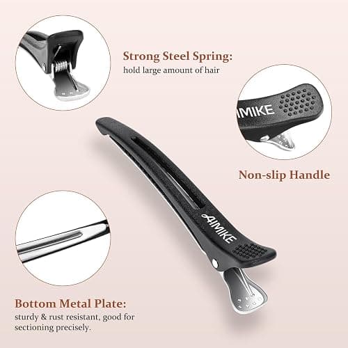 AIMIKE 6pcs Professional Hair Clips for Styling Sectioning, Non Slip No-Trace Duck Billed Hair Clips with Silicone Band, Salon and Home Hair Cutting Clips for Hairdresser, Women, Men - Black 4.3” Long thumbnail 4