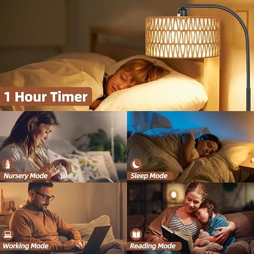Brilvibera Rattan Floor Lamps for Living Room, Boho Standing Lamps with Rattan& Linen Double Shades, Arc Lamps Floor Standing with 9W Bulb, Foot Switch, Bohemian Floor Lamps for Bedroom, Office thumbnail 7