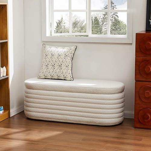 ZOMGE HUZZ 45 Inch Storage Ottoman Bench Upholstered Fabric Bedroom Benches, Modern Comfy End of Bed Stool for Living Room/Hallway/Entryway, Sherpa White thumbnail 5