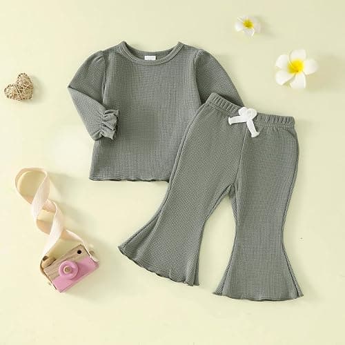 Koecnoc Toddler Girl Fall Outfits 2-piece Baby Lantern Sleeve Shirt and Flared Pant Clothes Set Waffle Clothing for Girls thumbnail 8