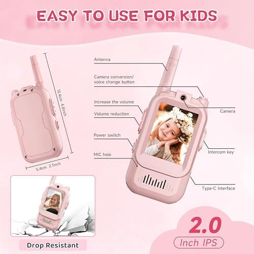 Video Walkie Talkies for Kids, Handheld 2 Pack Rechargeable Video Intercom Kids Walkies Talkies, Indoor Outdoor Toys for Family Games, Outside, Camping, Hiking for Boys Girls Ages 3-12 (Pink/Pink) thumbnail 6